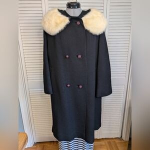 Vintage LEPSHIRE Wool Pea Coat Double Breasted with Fur collar size L